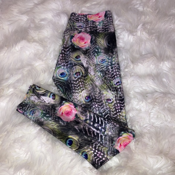 LINEAGE Peacock 🦚 Feather 🪶 Pink Rose 🩷🌹 Leggings - Picture 12 of 15